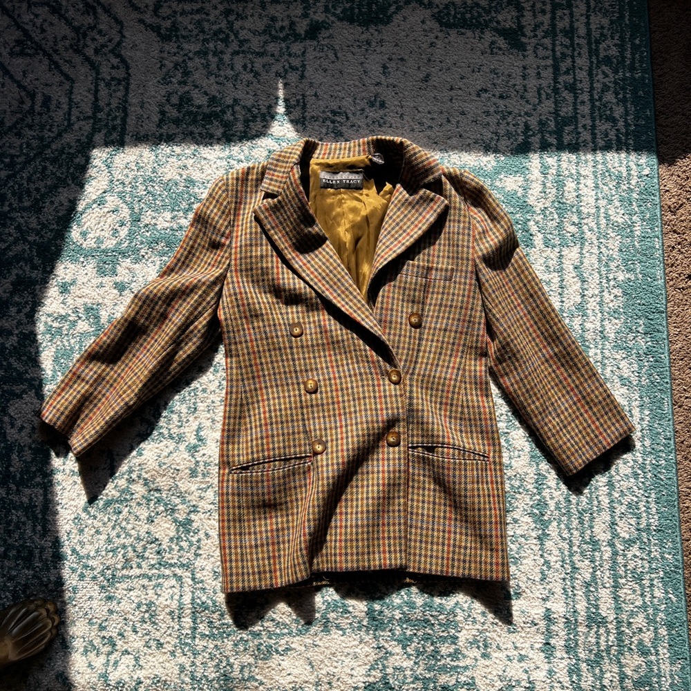 Ellen Tracy Wool Brown Plaid Double-Breasted Blazer PLEASE SEE LAST PHOTO